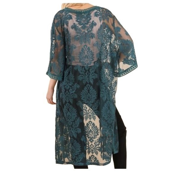 S/M Umgee Long lace open cardigan dark teal - Picture 3 of 8